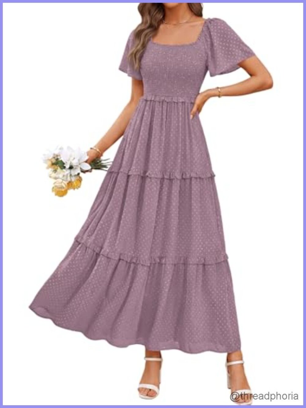 Womens Boho Maxi Dress Swiss Dot Smocked Flowy Tiered Summer